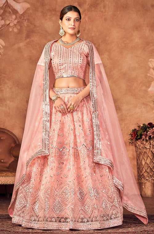 Stunning Peach Color Organza Fabric Party Wear Lehenga