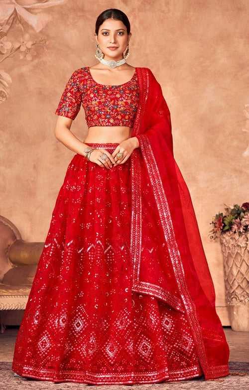 Stunning Red Color Organza Fabric Party Wear Lehenga