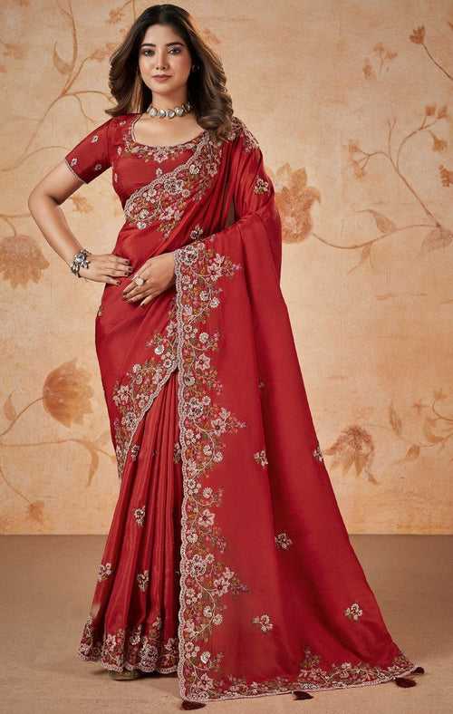 Wonderful Red Color Silk Fabric Partywear Saree