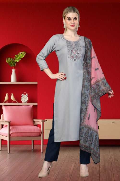 Divine Grey Color Rayon Fabric Casual Suit