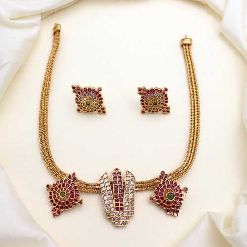 Shankh Chakra Namam Choker Necklace Set - Red, White and Green