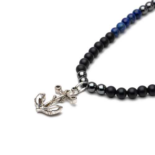 Nautical Pendant In CZ Diamond with Onyx Lapis lazuli and Hematite Gemstone beads