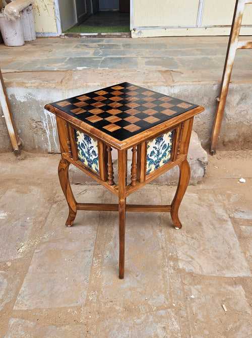 Natural Solid Brown Chess Top Finished Wooden Handmade End Table