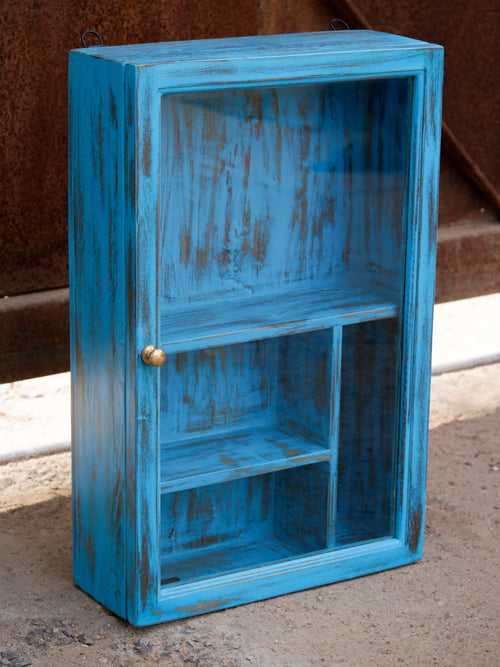 Traditional Blue Distressed Finished Wooden Handmade Wall Cabinet
