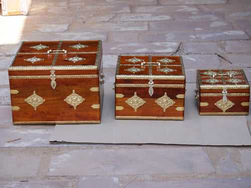 Bourbon Antique Brass Style Wooden Handmade Gift Box Set of 3