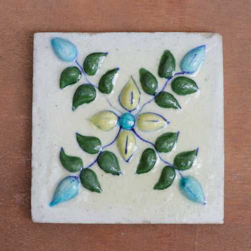 Montage Antique Embossed Flower Designed Ceramic Square Tile Set of 2