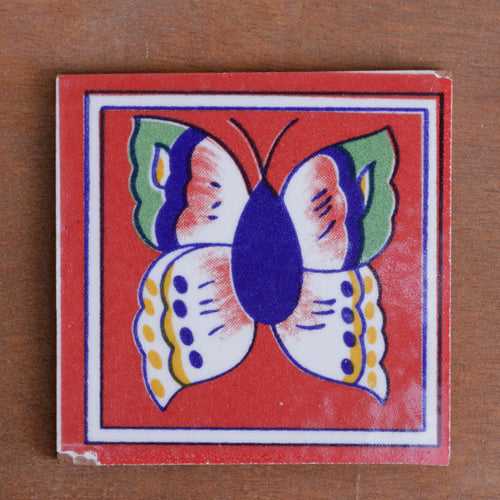 Vintage Peach Butterfly Designed Square Ceramic Tile Set of 2