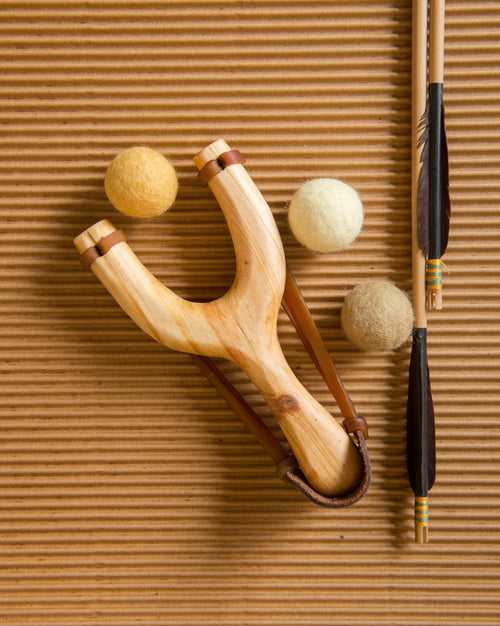 Wooden Slingshot & Felt Balls