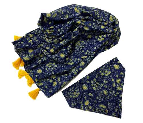 Human & Pet Accessory Twinning Set: Traditional Stole & Bandana (Blue & Yellow)