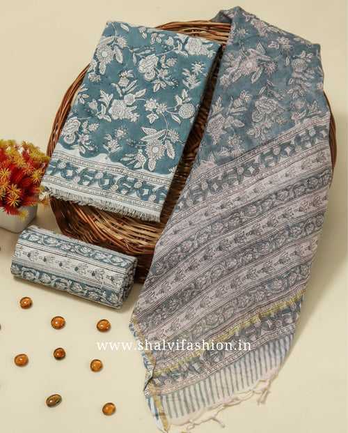 Designer Hand Block Print Cotton Suit Set with Kota Doria Dupatta (3CKD147)