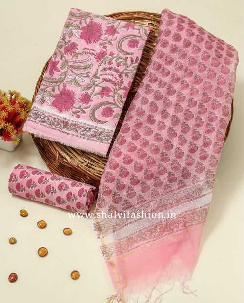 Pink Jaal Print Cotton Suit Set with Kota Doria Dupatta (3CKD150)