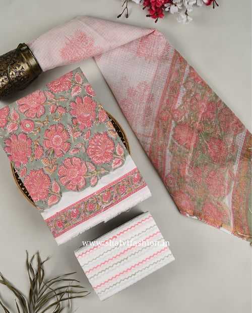 Floral Jaal Print Cotton Suit Set with Kota Doria Dupatta (3CKD154)