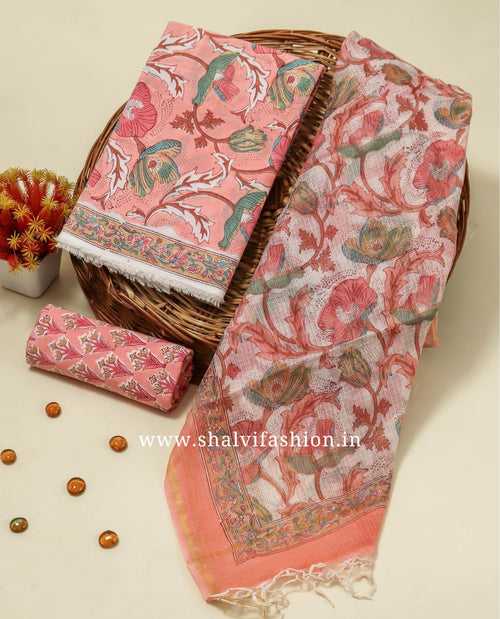 Floral Jaal Print Cotton Suit Set with Kota Doria Dupatta (3CKD729)