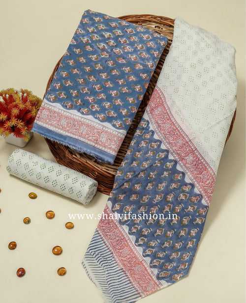 Buti Print Cotton Suit Set with Mulmul Dupatta (COT67)