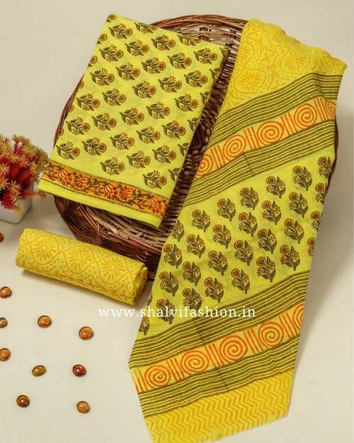 Yellow Buti Print Cotton Suit Set with Mulmul Dupatta (COT71)