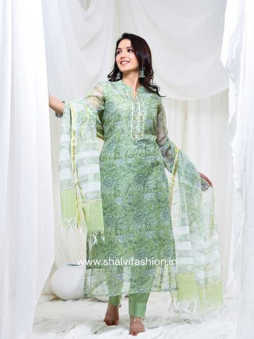 Noor Green Jaal Print Kota Doria Suit Set (CSS191)