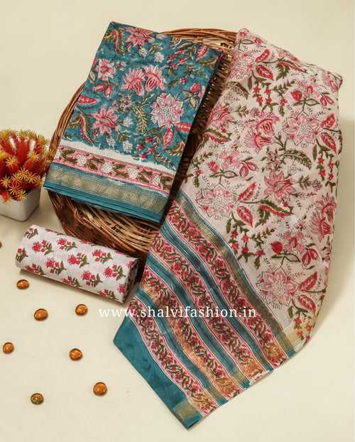 Designer Hand Block Print Maheshwari Silk Suit Set (MSL423)