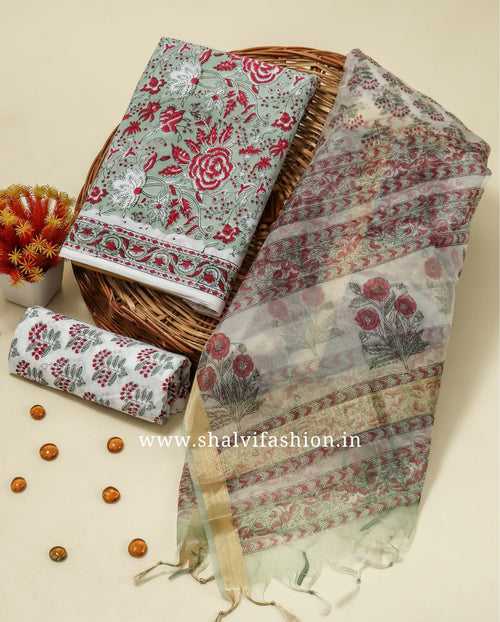 Floral Jaal Print Pure Cotton Suit Set with Organza Dupatta (ORG335)