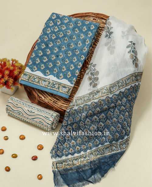 Blue Buti Print Cotton Suit Set with Chiffon Dupatta (PCHF194)