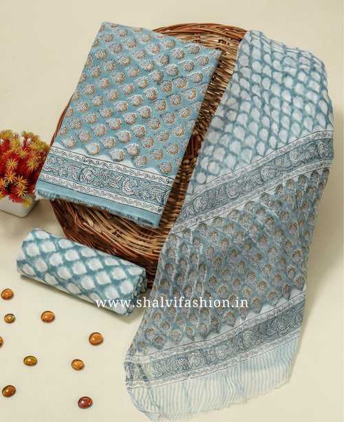 Elegant Hand Block Print Cotton Suit Set with Chiffon Dupatta (PCHF202)