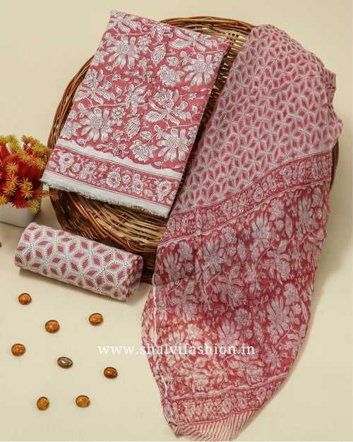 Elegant Hand Block Print Cotton Suit Set with Chiffon Dupatta (PCHF203)