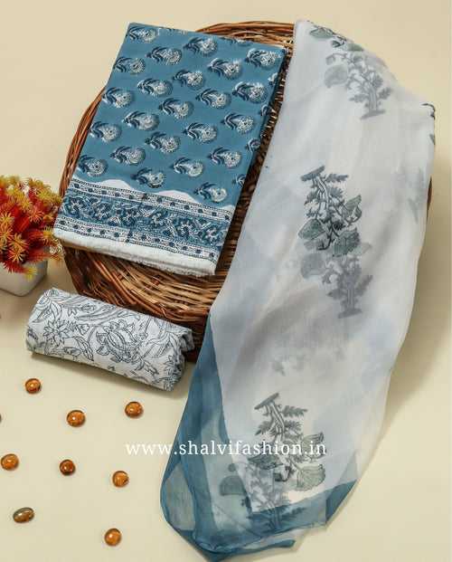Blue Buti Print Cotton Suit Set with Chiffon Dupatta (PCHF210)