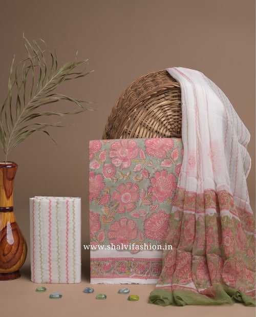 Shalvi's Hand Block Print Cotton Suit Set with Chiffon Dupatta (PCHF229)