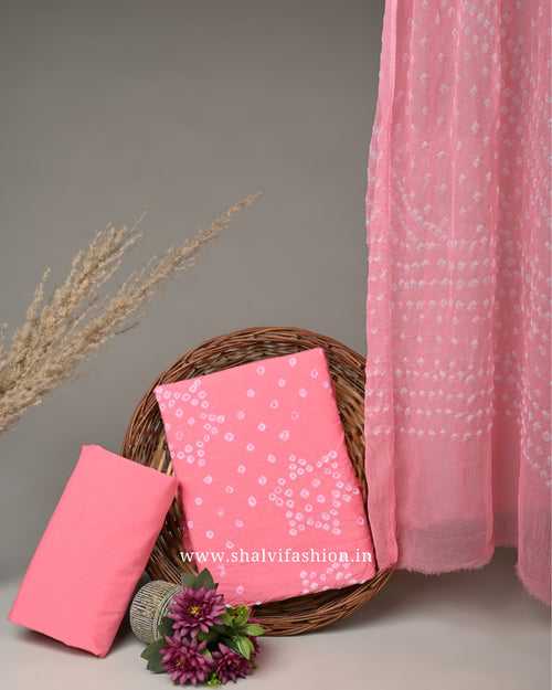 Pink Bandhani Print Cotton Suit Set with Chiffon Dupatta (PCHF257)