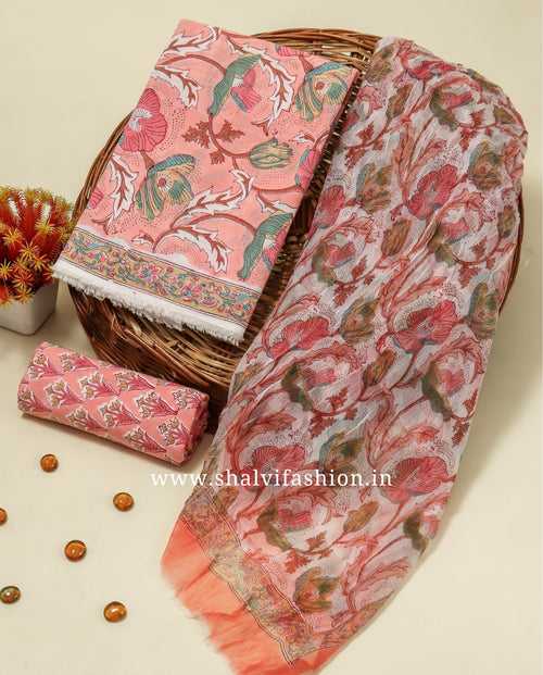 Designer Hand Block Print Cotton Suit Set with Chiffon Dupatta (PCHF505)