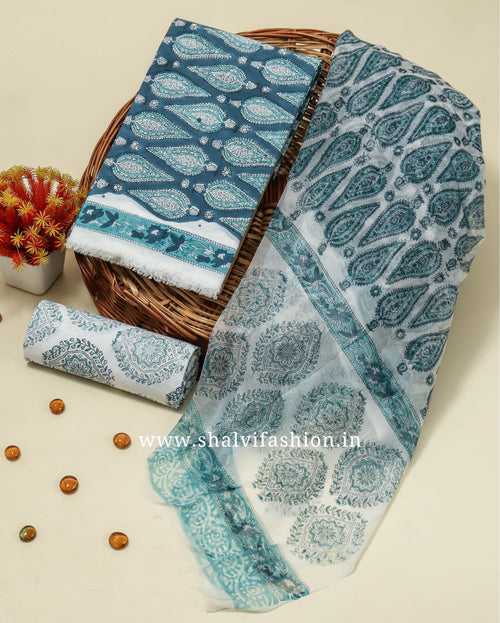 Elegant Hand Block Print Cotton Suit Set with Chiffon Dupatta (PCHF506)