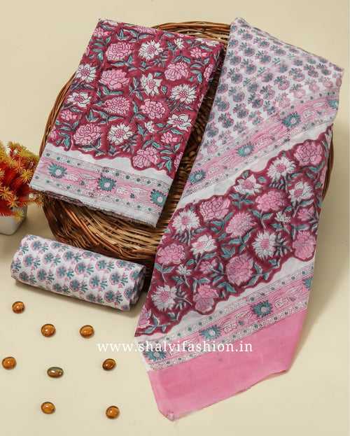 Designer Hand Block Print Cotton Suit Set with Mulmul Dupatta (PRMUL220)