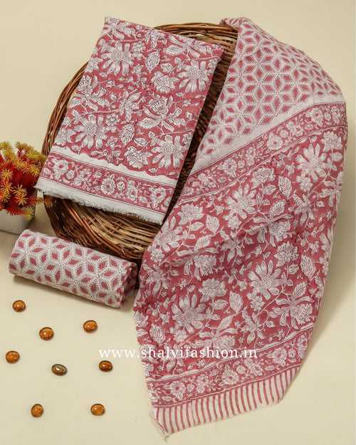 Elegant Hand Block Print Cotton Suit Set with Mulmul Dupatta (PRMUL221)