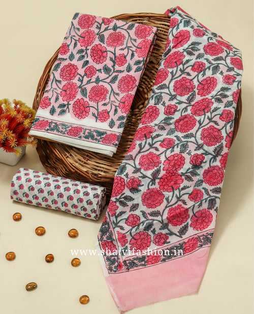 Pink Jaal Print Cotton Suit Set with Mulmul Dupatta (PRMUL226)