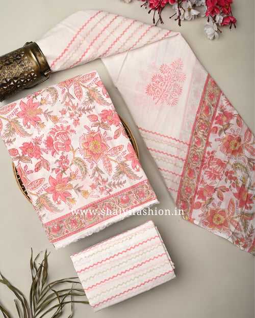 Floral Jaal Print Cotton Suit Set with Mulmul Dupatta (PRMUL229)