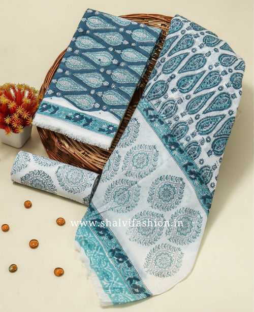 Shalvi's Hand Block Print Cotton Suit Set with Mulmul Dupatta (PRMUL437)