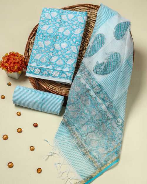 Elegant Hand Block Print Cotton Suit Set with Kota Doria Dupatta (RKD147)