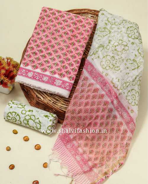 Pink Buti Print Cotton Suit Set with Kota Doria Dupatta (RKD149)