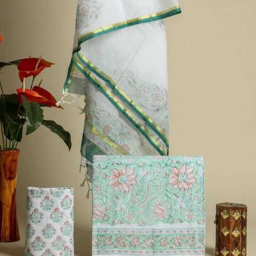 Floral Hand Block Print Cotton Suit Set with Kota Doria Dupatta (3CKD506)