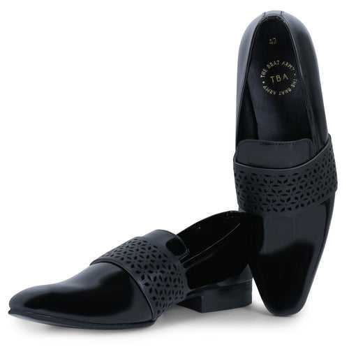 Montreux Patent Black Carved Strap Loafers.