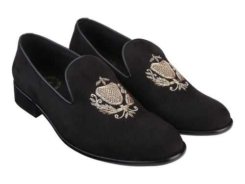 San Luis Black Hand-Embroidered Suede Loafers