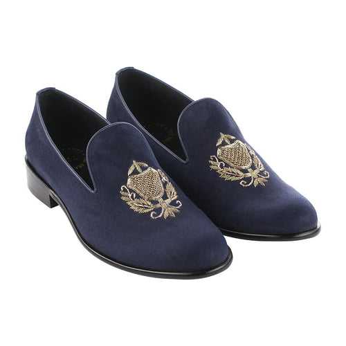 San Luis Navy Blue Hand-Embroidered Suede Loafers