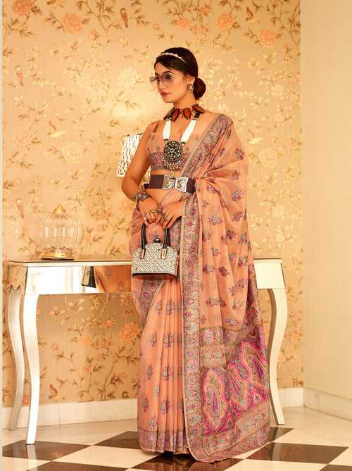 Peach Pashmina Silk Saree With Colorful Woven Motifs