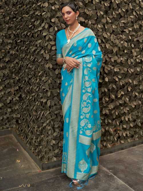 Turquoise Blue Designer Chinon Silk Saree