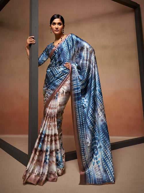 Sapphire Blue Satin Silk Designer Saree