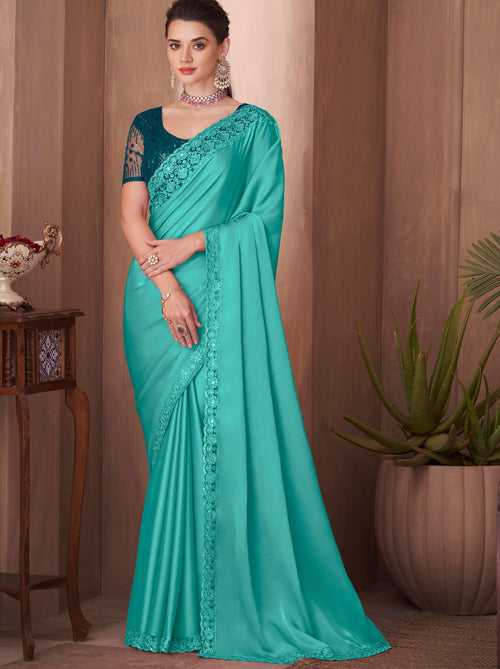 Blue Turquoise fancy  Silk Blended Saree