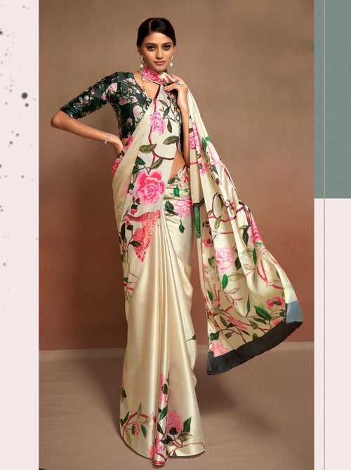 Bavarian Cream Satin Silk Designer Saree