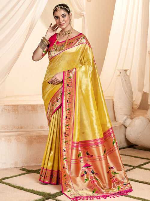 Gold Yellow Paithani Silk Blended Saree