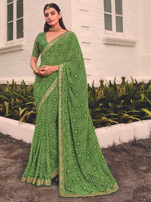 Moss Green Bandhani Fine Georgette Saree