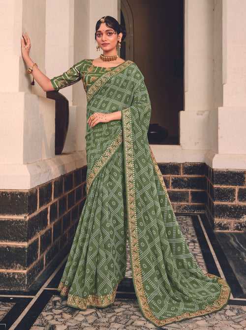 Moss Green Bandhani Fine Georgette Saree