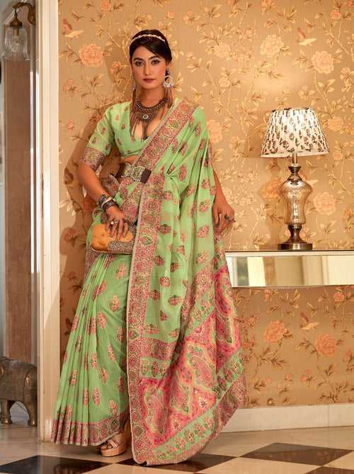 Green Pashmina Silk Saree With Colorful Woven Motifs